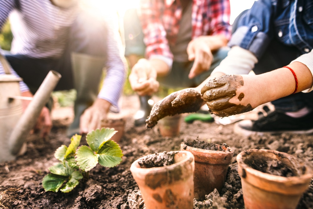 Children potting plants