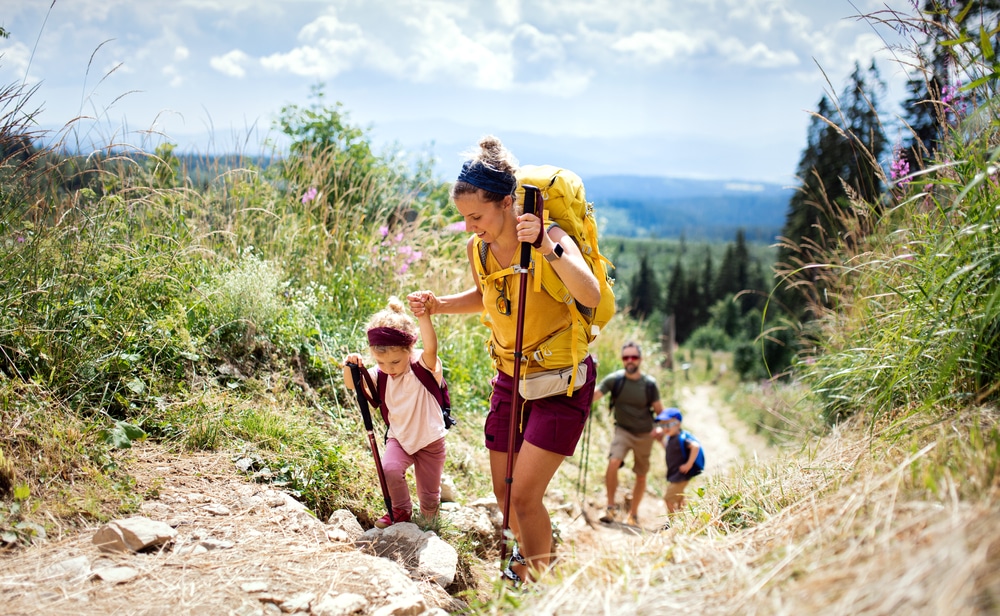 A family going walking in the hills